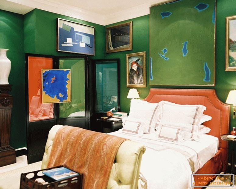 Diseño de interiores de dormitorio en colores verdes