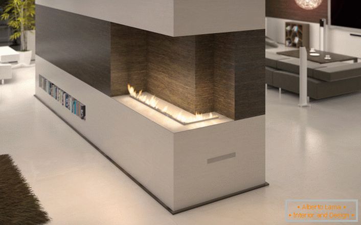 El diseño de la biochimenea de flare pipe permite al diseñador colocar la chimenea de forma ergonómica en el interior de la sala de estar.
