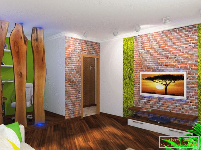 El ladrillo se combina ventajosamente con la decoración de madera de la sala de estar.