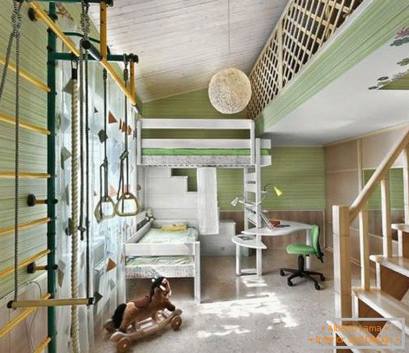 Colores amarillos y verdes en el interior de la habitación de los niños