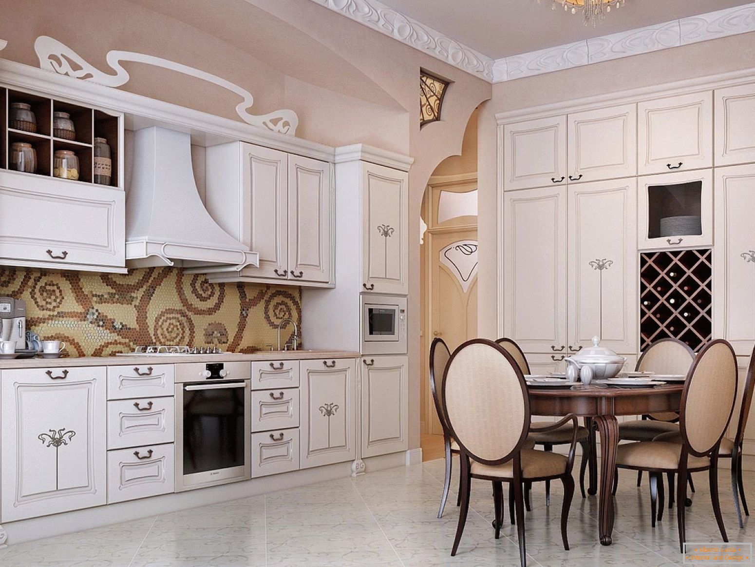 Decoración de una gran cocina en estilo Art Nouveau