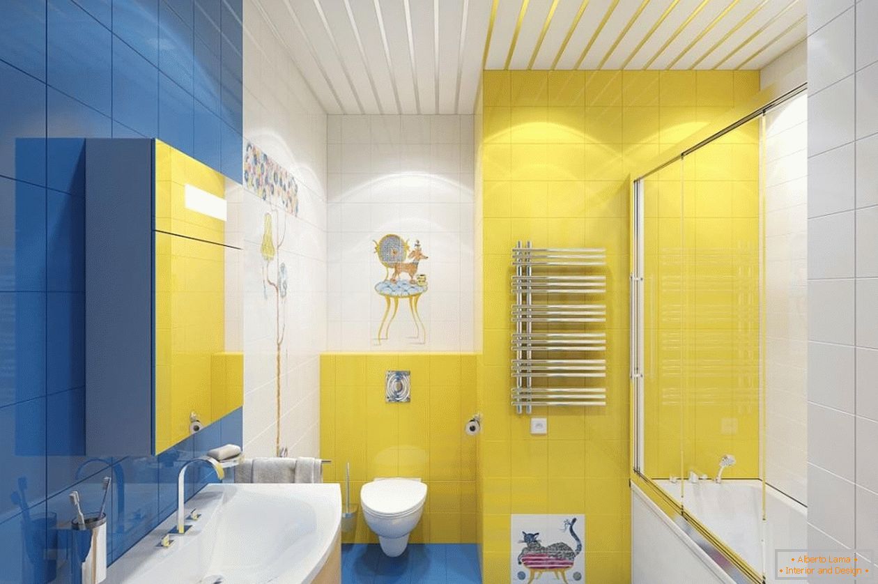 Azul, amarillo y blanco en el interior del baño