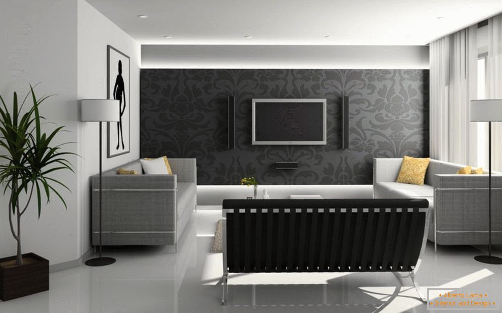 Sala de estar en estilo de alta tecnología con lámparas