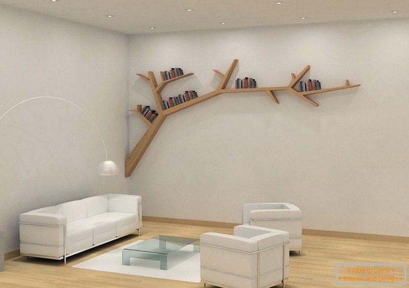 Estantes en forma de una rama en la sala de estar