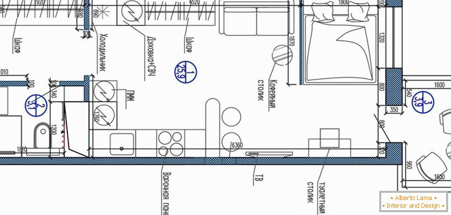Plan de apartamento-estudio de 25 a 30 metros cuadrados. m.