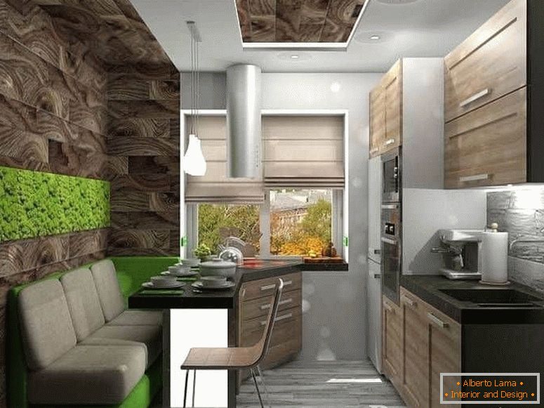 Un ejemplo de una combinación de una superficie de trabajo con una mesa de comedor en una cocina de estilo ecológico