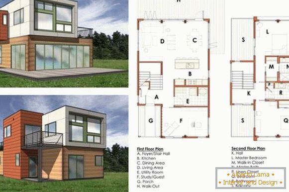 Diseño de una casa privada de dos pisos con dibujos de habitaciones