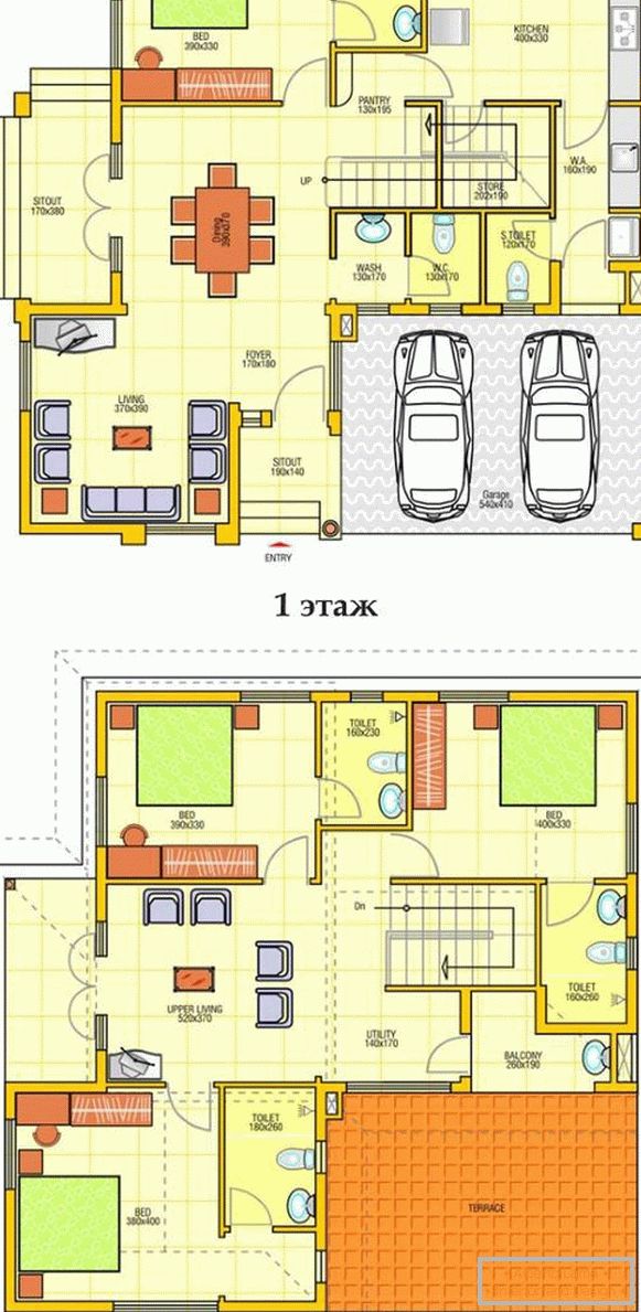 El plan de una casa privada de dos pisos con un garaje