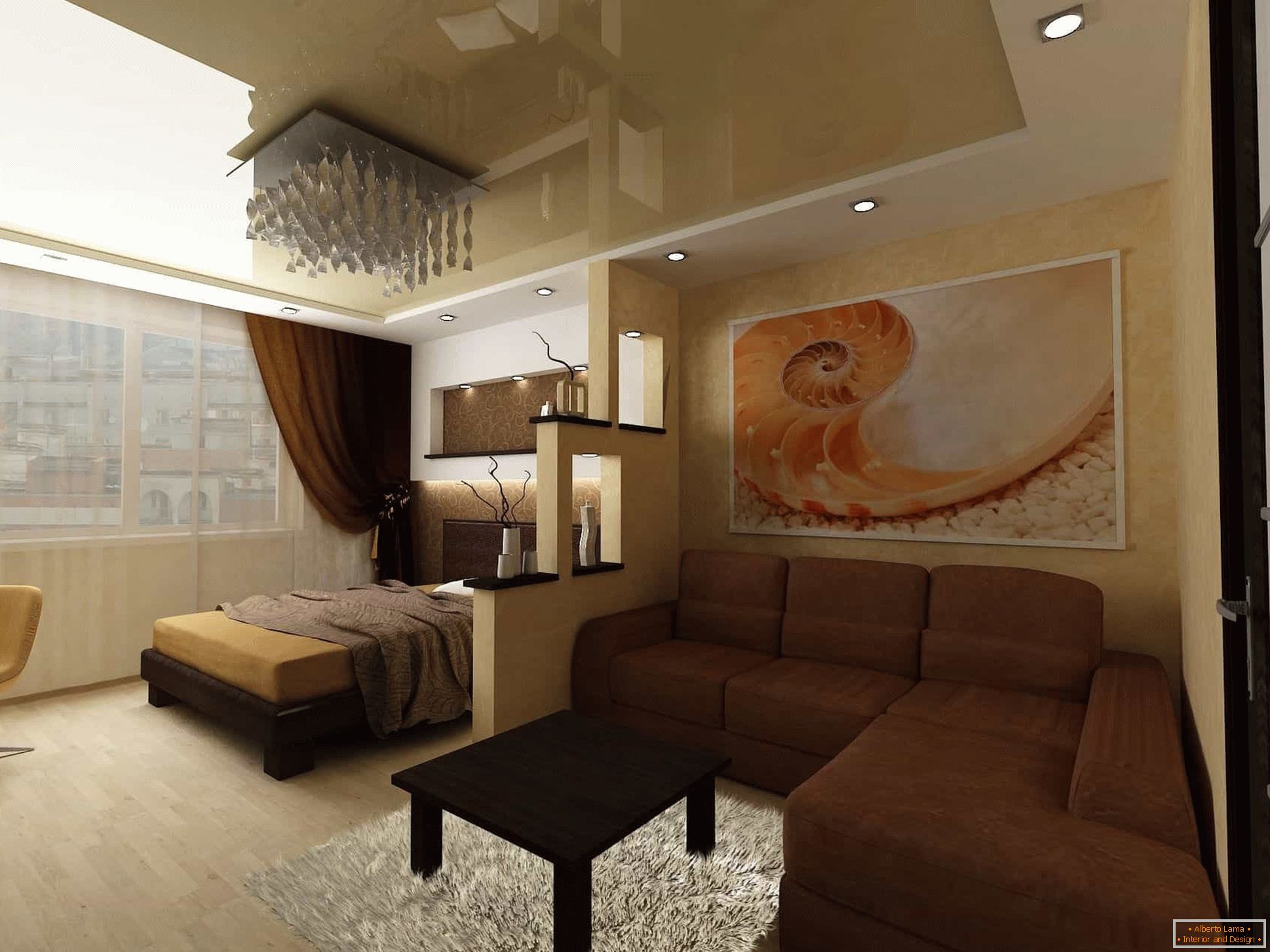 Diseño de sala de estar 18 кв. м. совмещенная со спальней