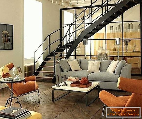 Diseño de la cocina moderna de la sala de estar con una escalera en una casa privada