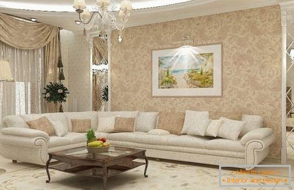 Diseño clásico de la sala de estar en una casa privada en colores blanco y beige