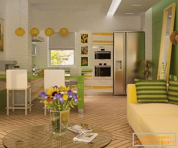 Diseño de la cocina de la sala de estar en una casa privada en un estilo moderno - ideas de 2017