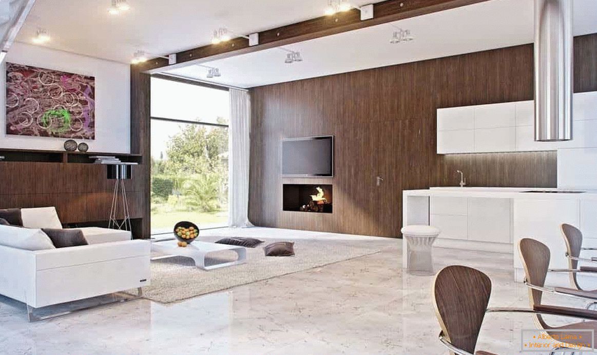 La sala de estar se puede decorar en un estilo moderno y en una casa de madera