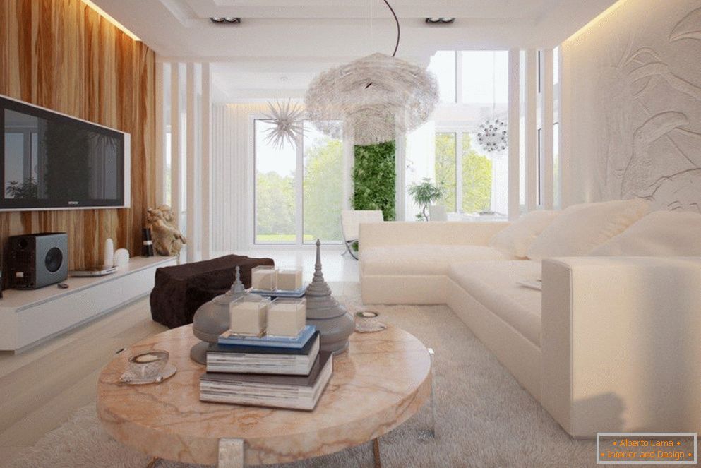 Colores claros en el interior de la sala de estar en el estilo del minimalismo