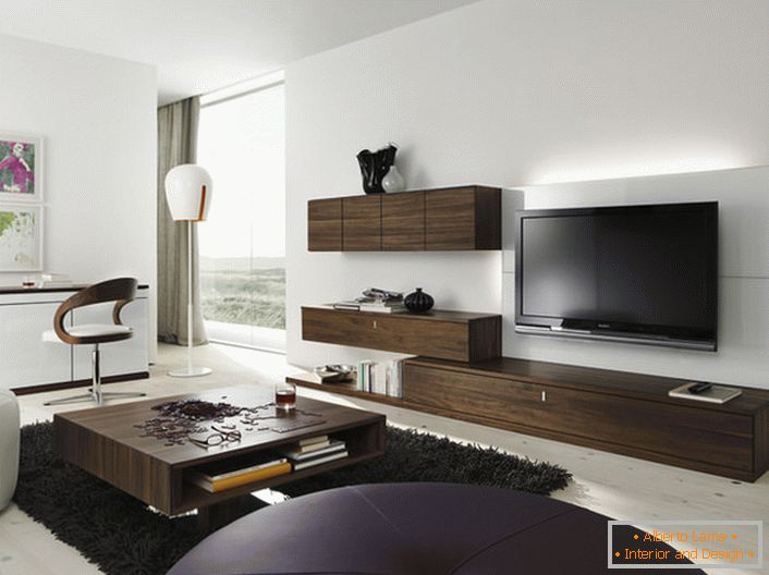 El conjunto de muebles para una sala de wengué se ve orgánicamente en un interior moderno.