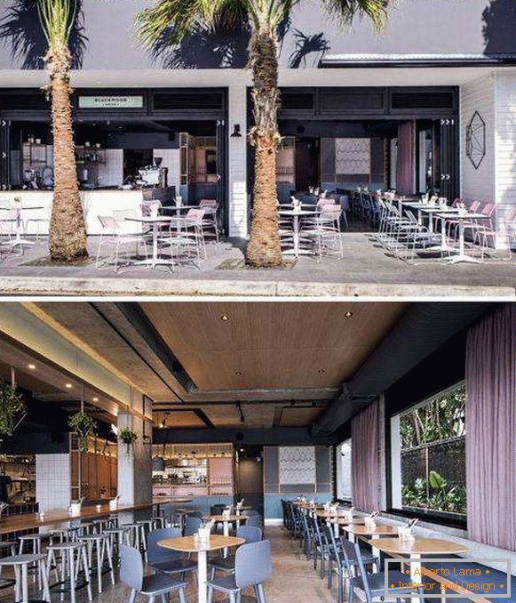 Café de diseño moderno en estilo loft y colores pastel