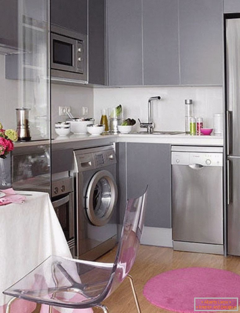 vidrio-silla-diseño-con-moderno-gabinetes grises-y-acero inoxidable-encimera-también-lindo-redondo-cocina-alfombra