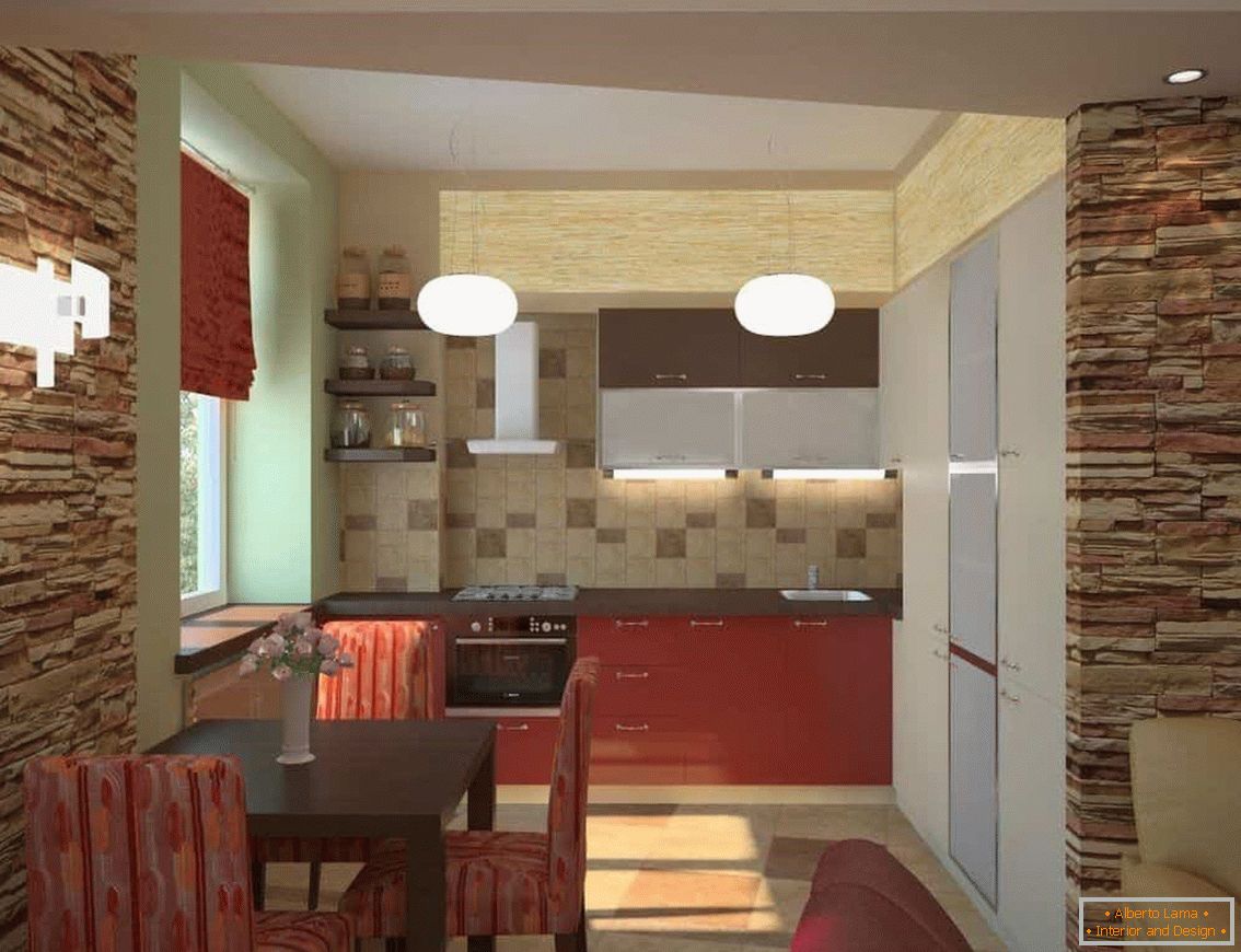 Piedra artificial en la decoración de las paredes en la sala de estar combinada con la cocina en Jruschov