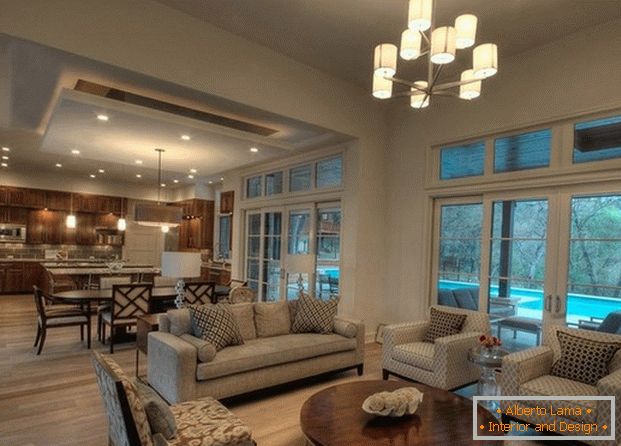 cocina diseño sala de estar con ventanas panorámicas фото