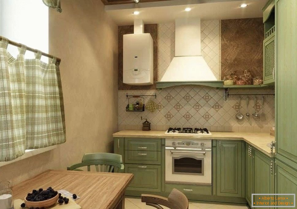 Cocina de esquina en un estilo rústico con un delantal de azulejos y paredes pintadas