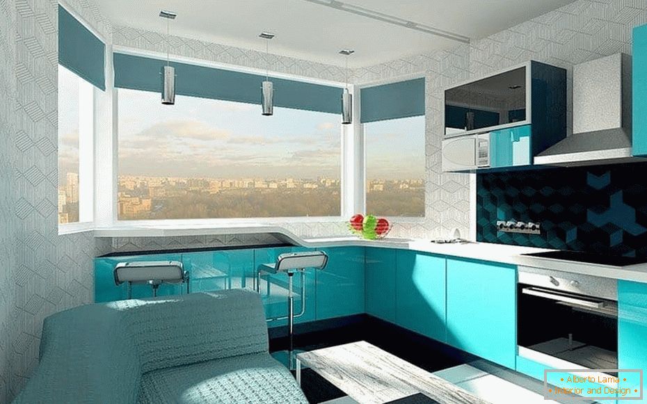 Diseño de cocina de diseño en color bayas con ventana salediza con barra en la ventana