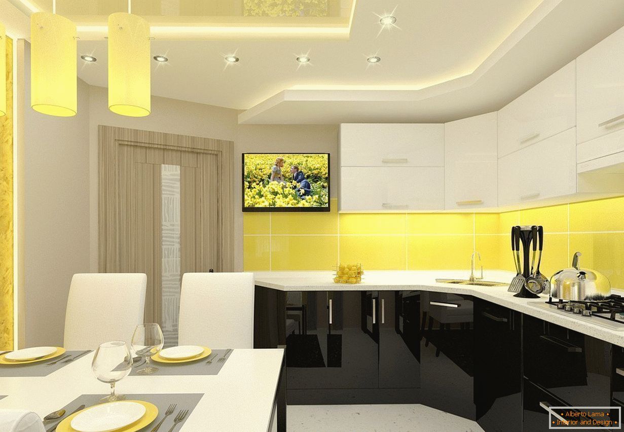 Interior de cocina amarillo-blanco en el departamento