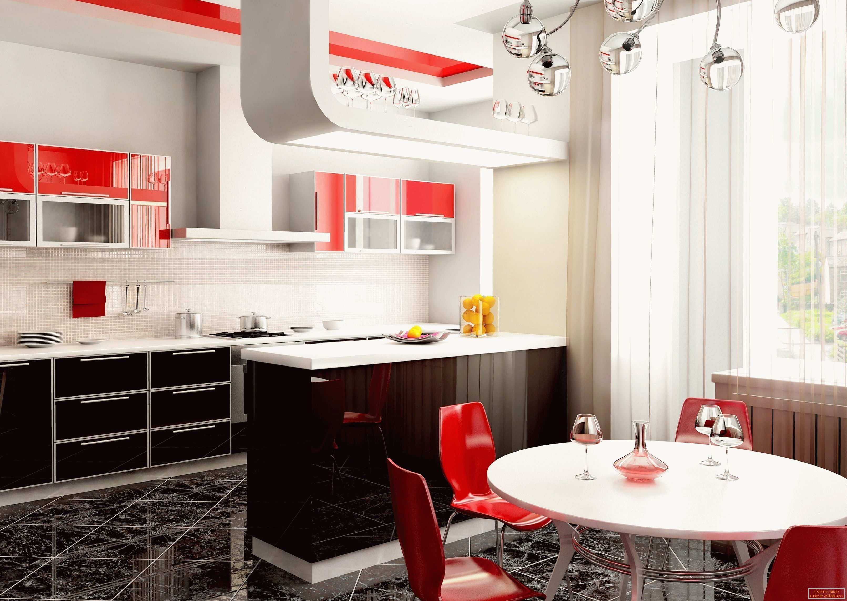 Brillante interior de la cocina en el departamento con detalles en rojo