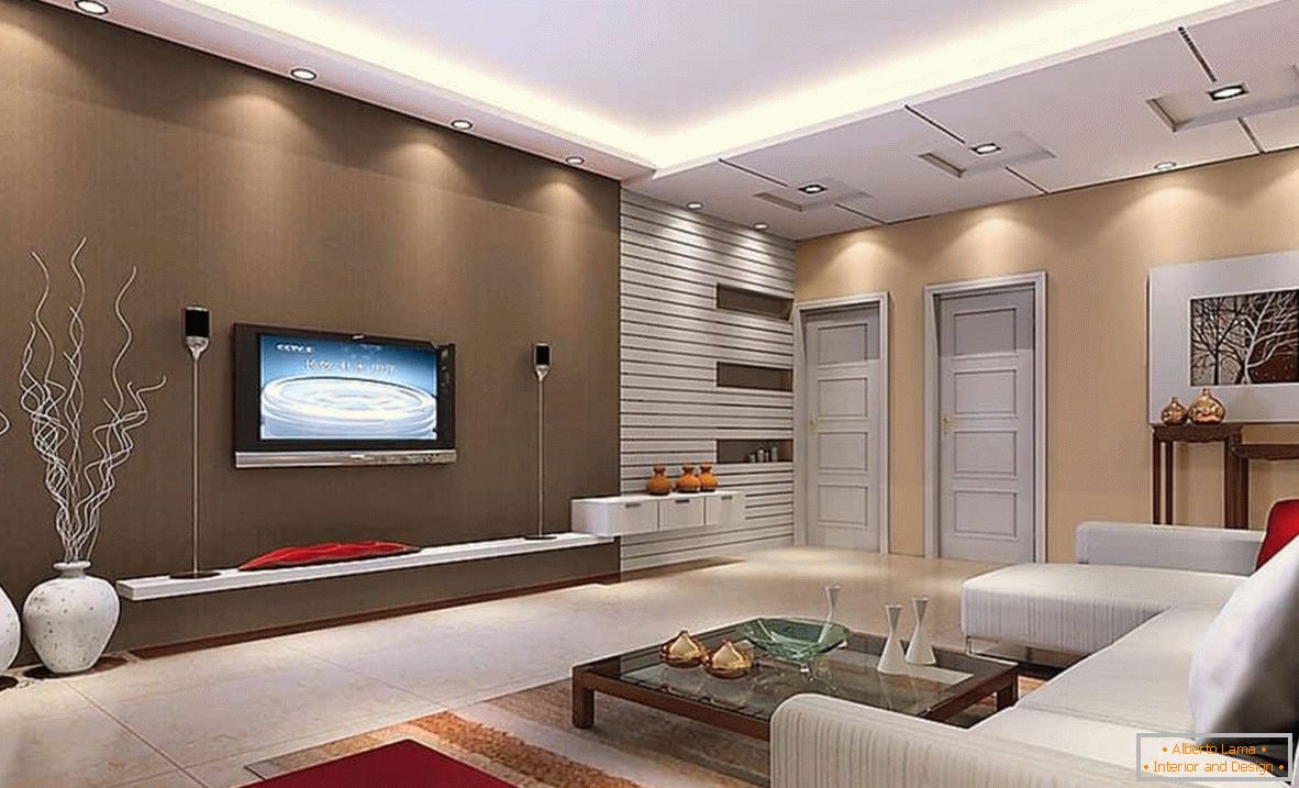 Una amplia sala de estar de forma cuadrada en estilo de alta tecnología