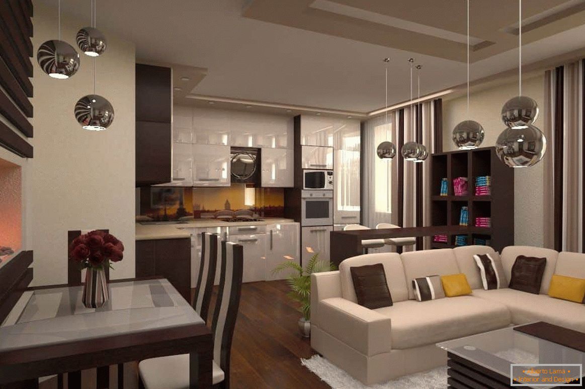 Sala de estar con áreas funcionales - cocina + comedor