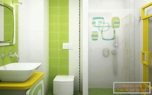 Baño combinado en colores verdes y baño con ducha