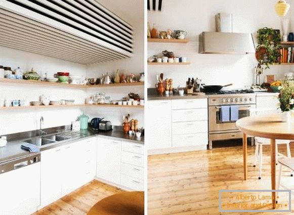 Diseño de cocina escandinava en Khrushchev - en la foto con estantes abiertos