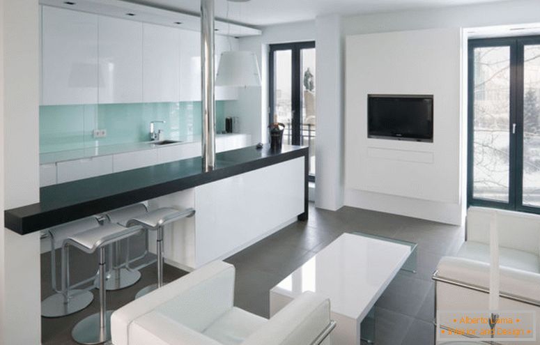 dormitorios-simple-estudio-apartamento-diseño-idea-para-sala-con-blanco-sofá-con-blanco-mesa-gris-piso-azulejo-y-puerta-de-cristal-con-marco-negro-elegante- studio-apartment-design-ideas