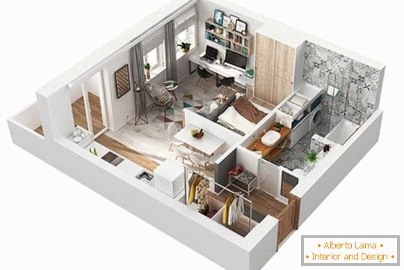 Plan de proyecto 3D de un apartamento de una habitación 40 metros cuadrados