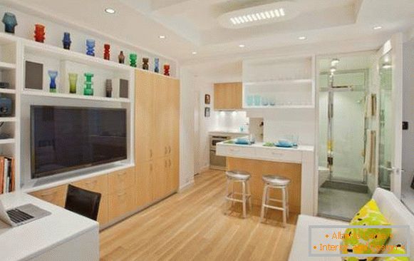 Sala de estar, cocina y baño en el diseño del apartamento 40 metros cuadrados photo
