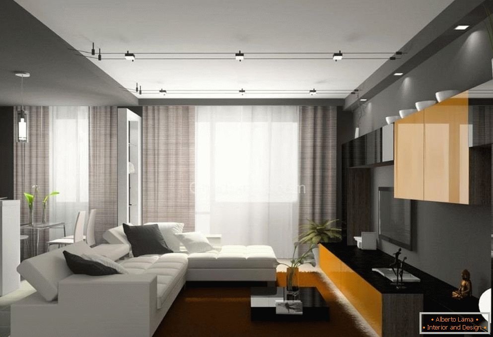 Sofá blanco y alfombra marrón en la sala de estar
