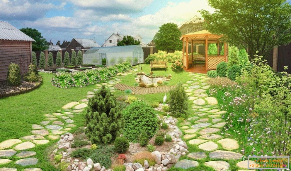 Jardín con pérgola y caminos de piedra