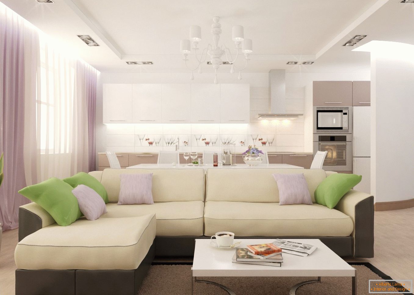Un amplio sofá en la cocina-sala de estar