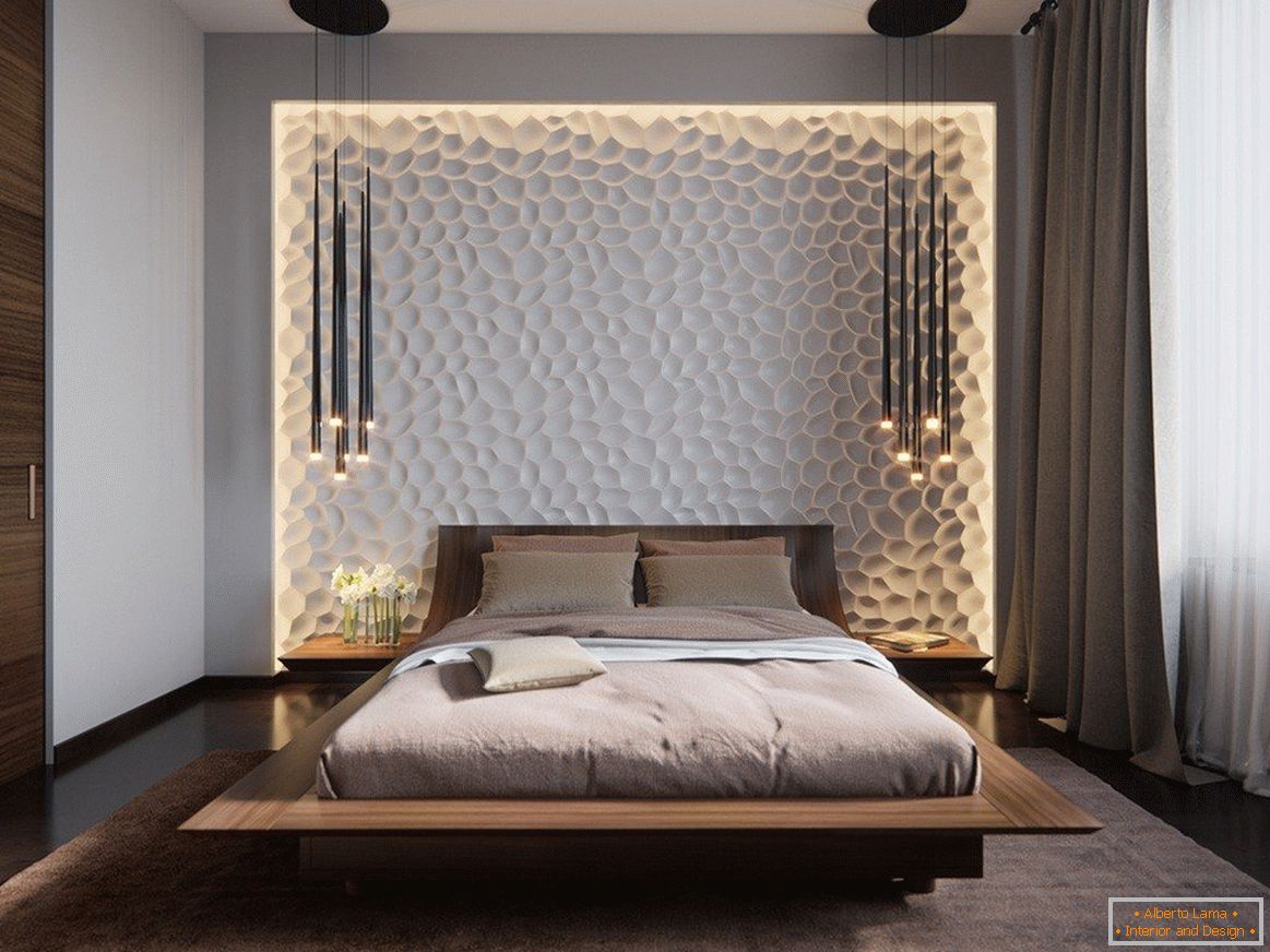Paneles 3D en la pared del dormitorio con iluminación