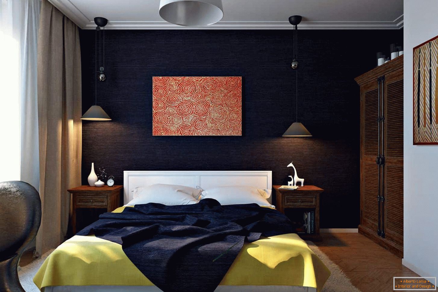 Color de berenjena en la decoración de las paredes del dormitorio