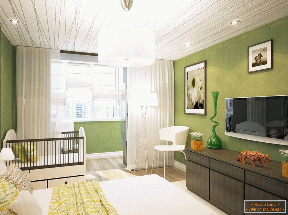 Dormitorio verde claro con salida al balcón