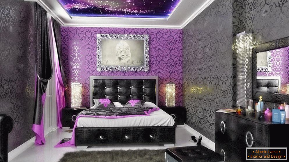 Papel tapiz negro y lila en el dormitorio