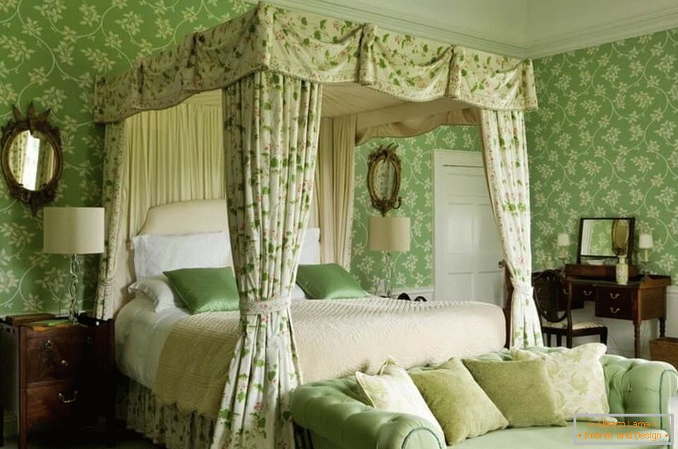Interior del dormitorio en colores verdes