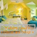 Combinación de verde con amarillo y turquesa en el interior del dormitorio