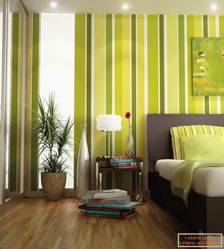 Interior de un pequeño dormitorio en colores verdes