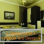 Elegante interior de dormitorio en tonos verdes y marrones