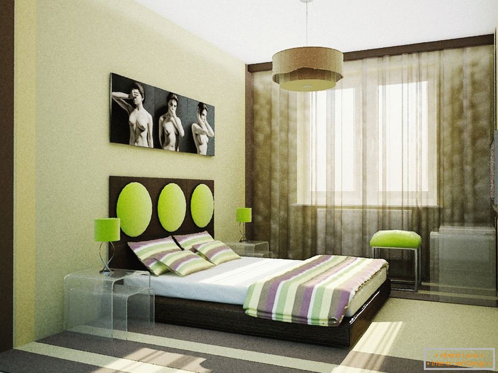 Diseño de dormitorio inusual en colores verde amarillento