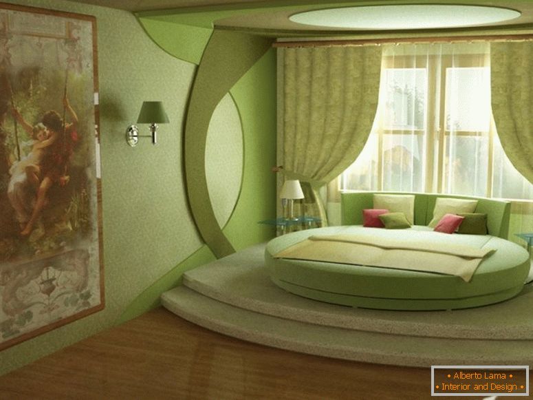 Habitación verde con cama redonda
