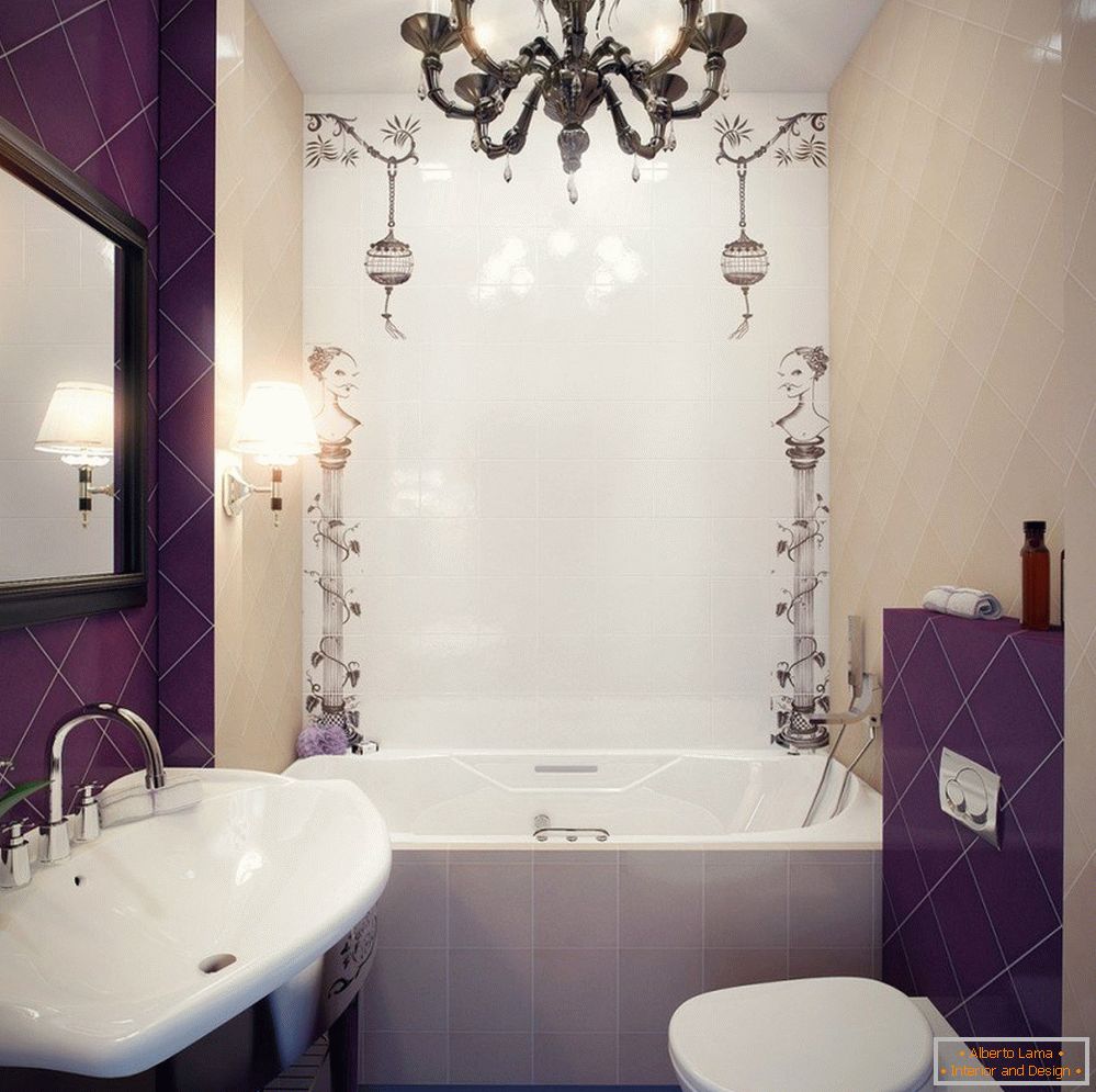 Terminando un baño estrecho con azulejos de color púrpura