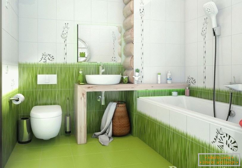 Jirafas y hierba en las paredes del baño