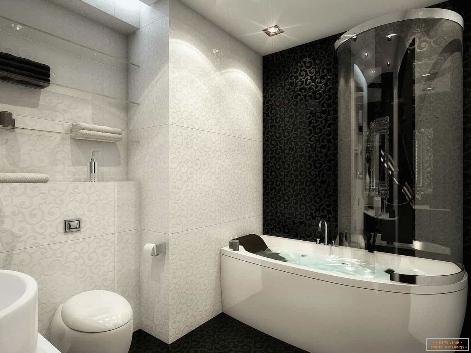 La combinación de azulejos blancos y negros en el baño